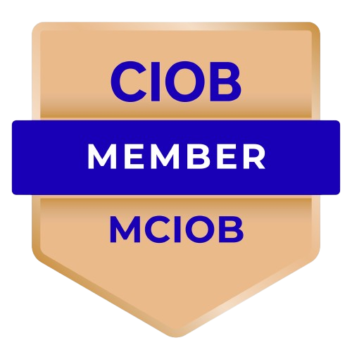 Badge with the text 'CIOB MEMBER MCIOB' featuring a blue horizontal banner on a tan shield background.