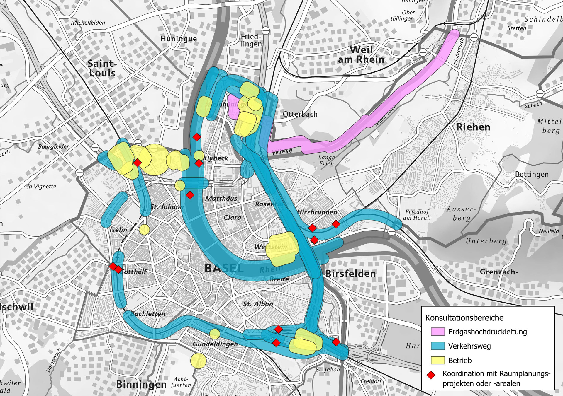Konsultationsbereiche für Raumplanungsprojekte und Störfallvorsorge im Kanton Basel-Stadt.