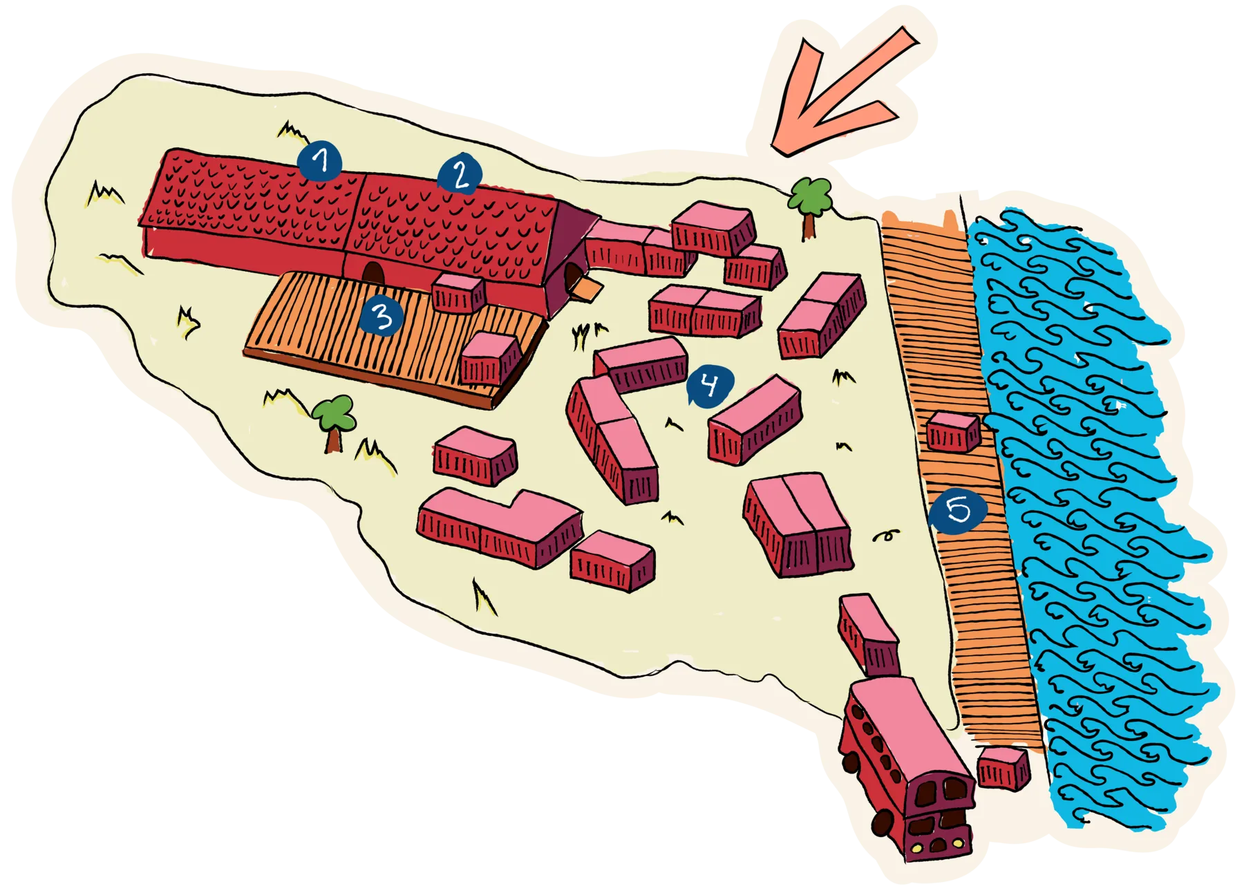 Illustration of the Vassen island with numbered red buildings, docks, trees, and surrounding blue water.