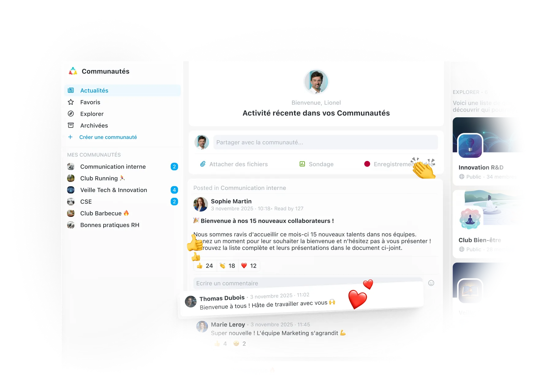Interface principale de la partie communautés sur l'application Wimi