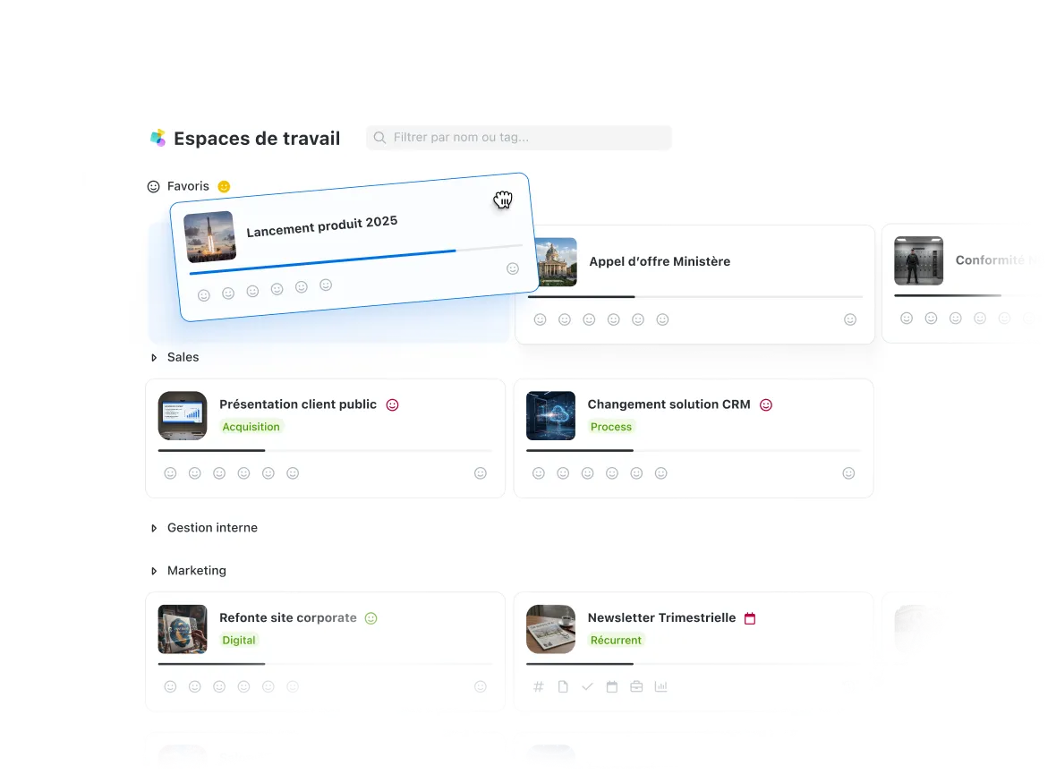 Interface principale des espaces de travail sur l'application Wimi