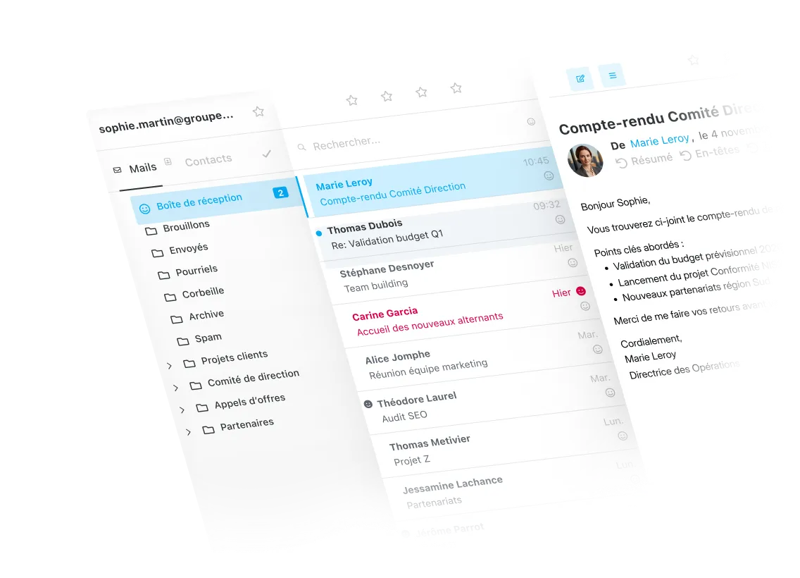 Interface principale de l'Inbox & Mail sur l'application Wimi