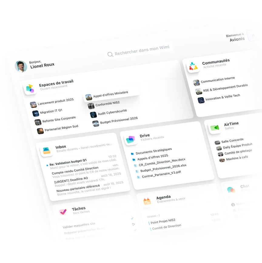 Interface principale des espaces de travail sur l'application Wimi