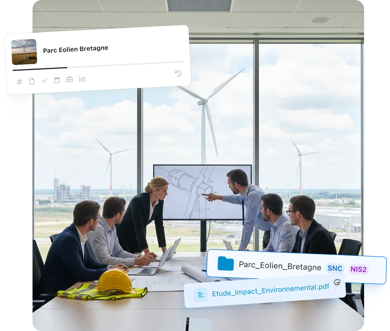 Réunion d'équipe de gestion de parc éolien