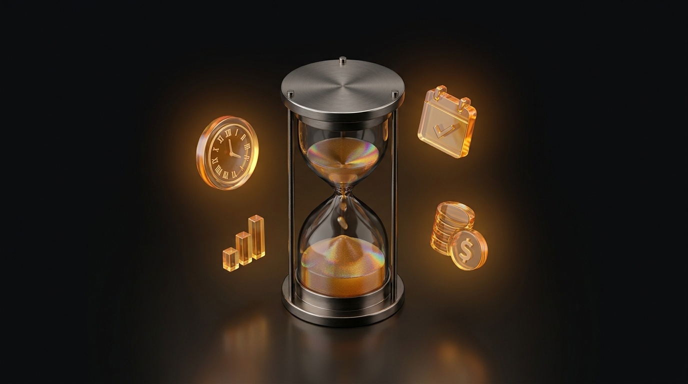 Sablier en verre ambré entouré d'icônes d'horloge, de graphique, de calendrier et de pièces