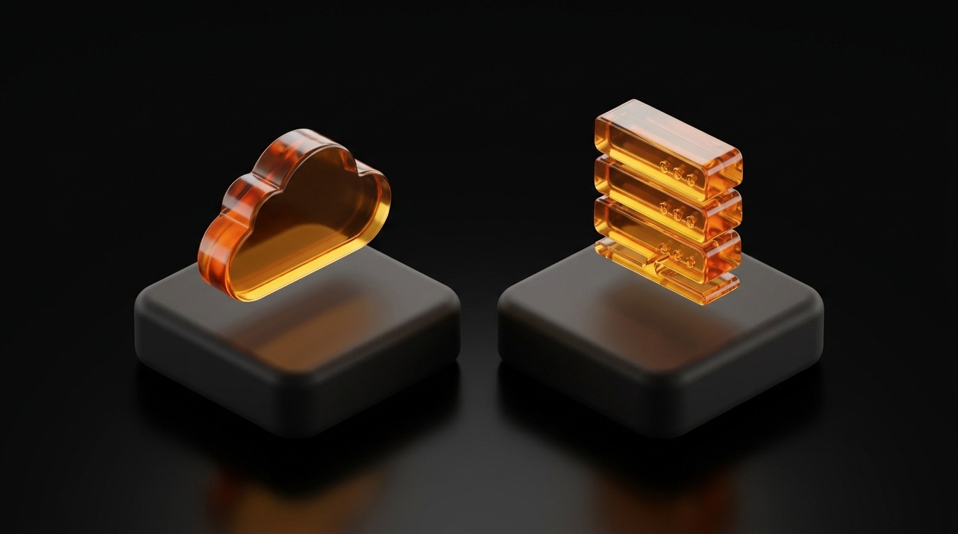 Deux blocs sombres opposés, entourés d'icônes en verre ambré symbolisant l'hébergement en ligne et l'installation sur site