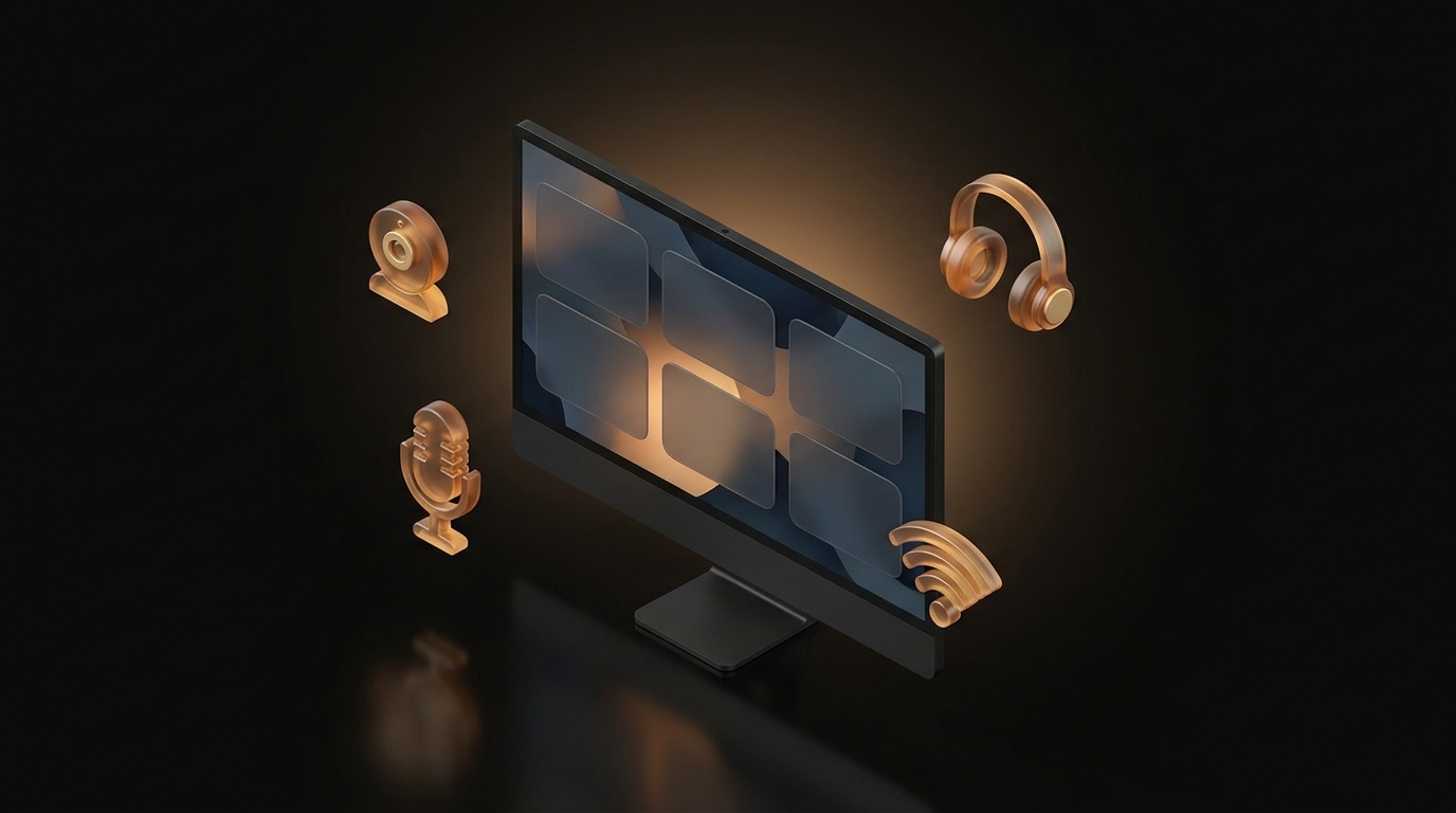 Écran sombre de visioconférence entouré d’icônes en verre ambré : webcam, micro, casque et connexion