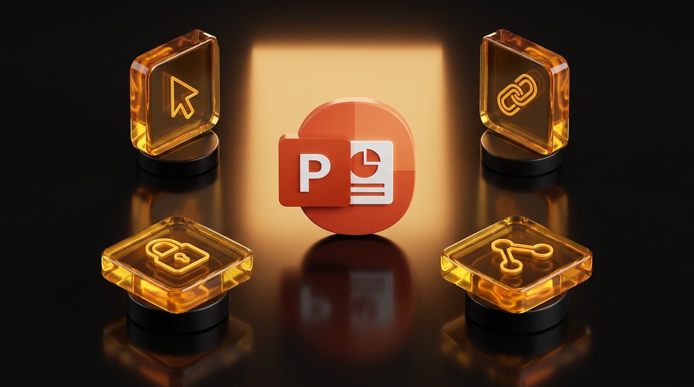 Logo Microsoft PowerPoint sur fond noir, entouré de quatre tuiles en verre ambré : curseur, maillon de chaîne, cadenas et icône de partage