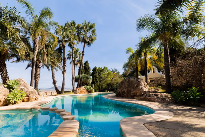 Villa avec piscine et palmiers en Espagne, idéale pour la retraite