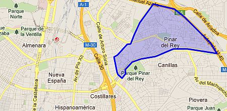 Carte de Madrid avec le quartier Pinar del Rey entouré, situé dans le district de Hortaleza, au nord-est de la ville.