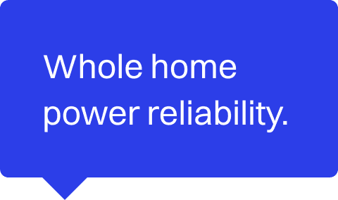 Blue speech bubble with the text 'Whole home power reliability.'