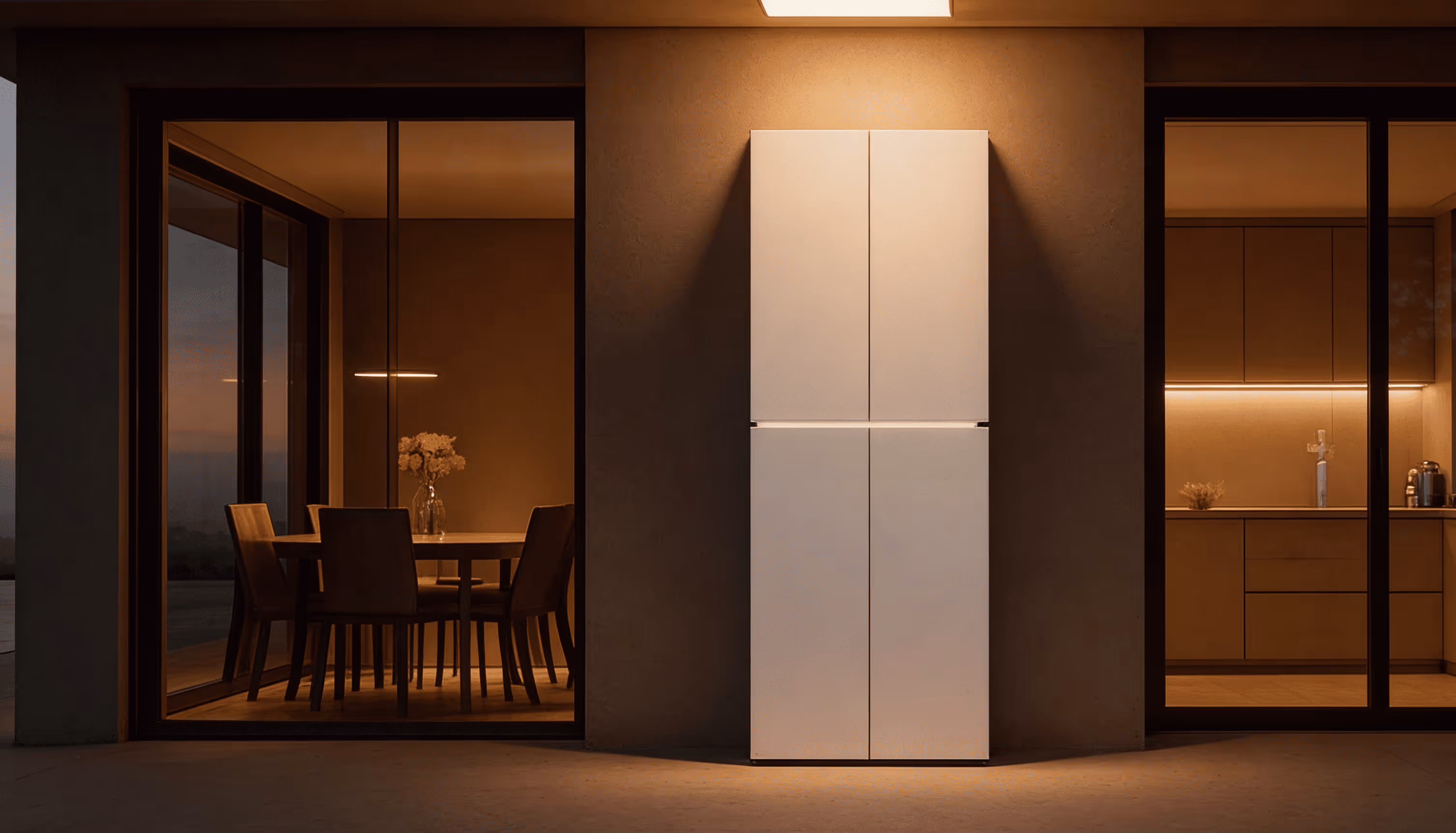 Modern power station with a sleek design, positioned between dark glass windows showing a dining area on the left and a kitchen on the right.