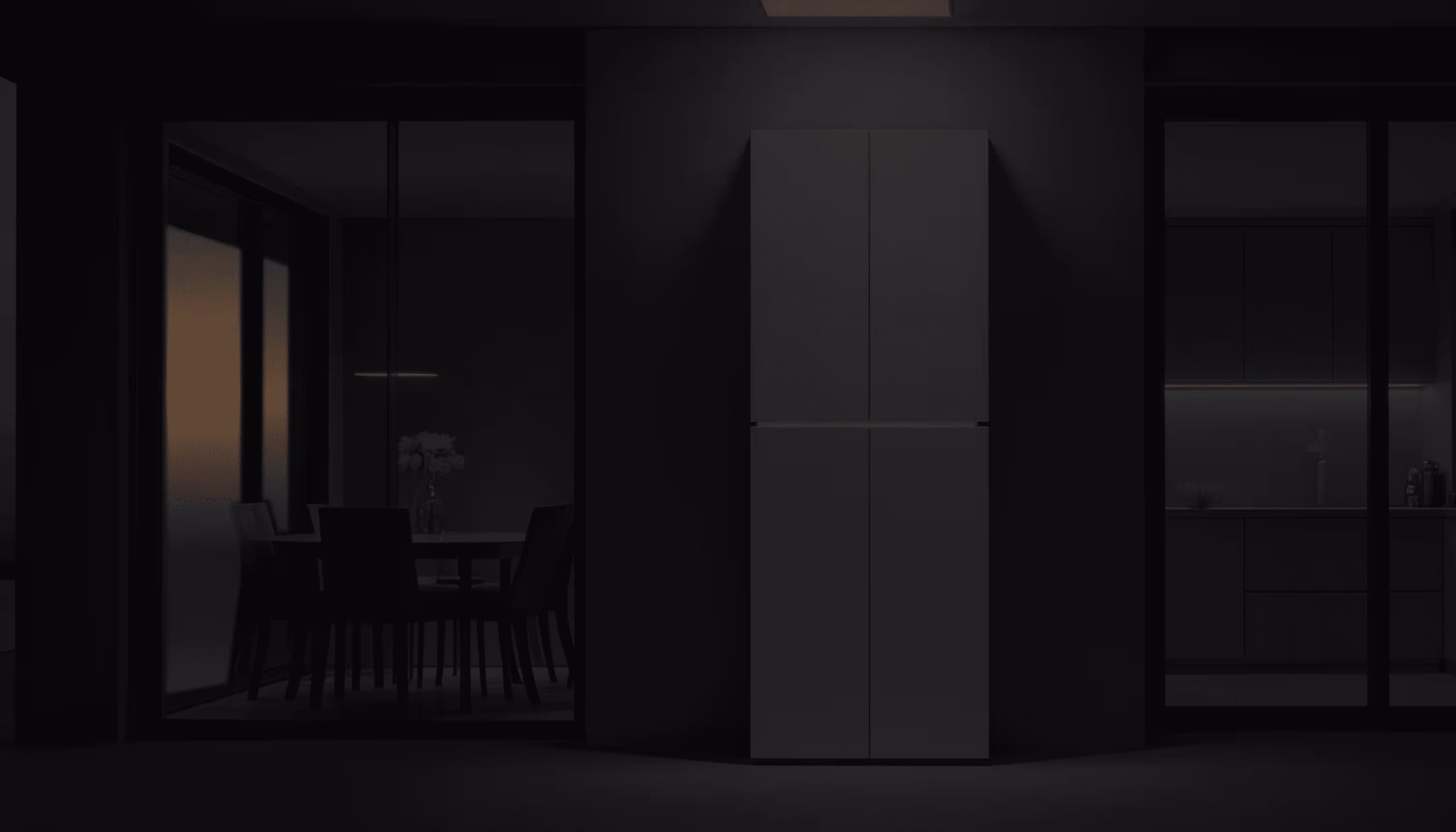 Modern power station with a sleek design, positioned between dark glass windows showing a dining area on the left and a kitchen on the right.