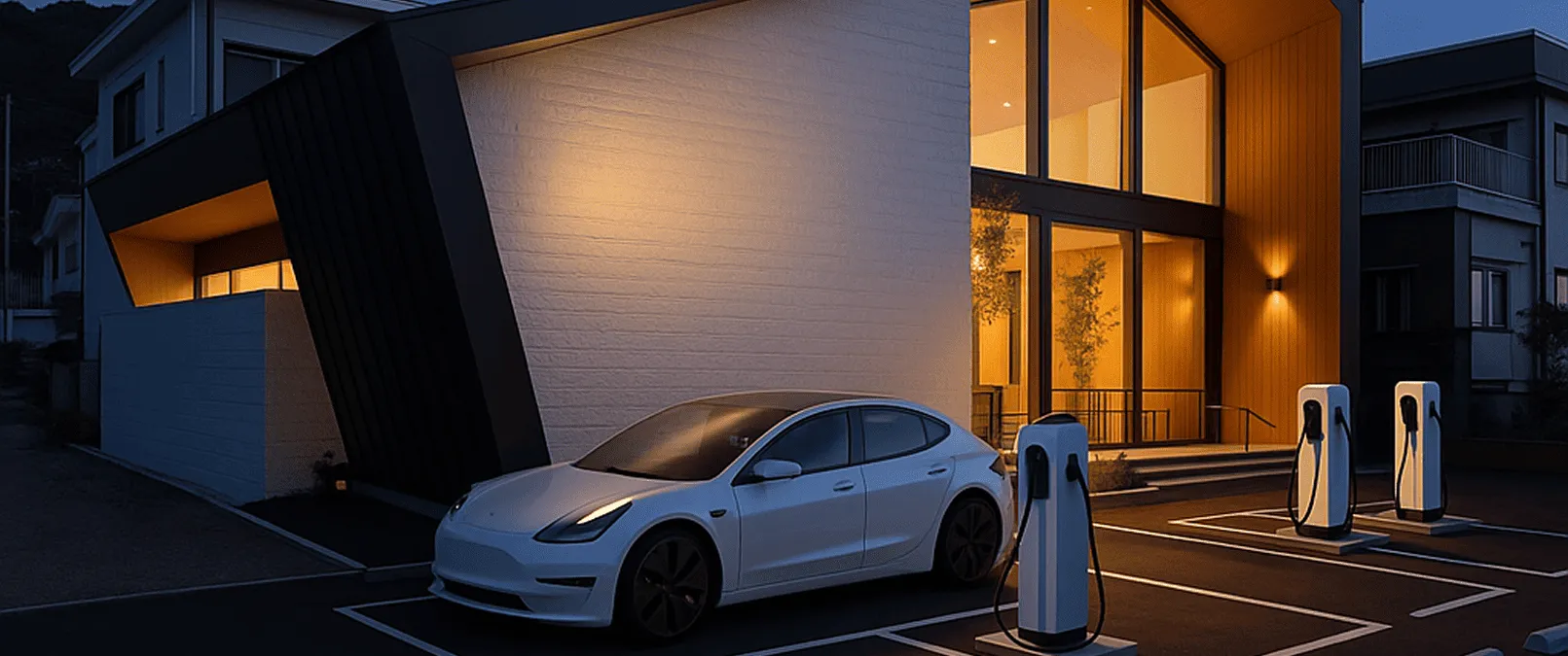 White electric car charging at a station in front of a modern building with large windows lit warmly at dusk.