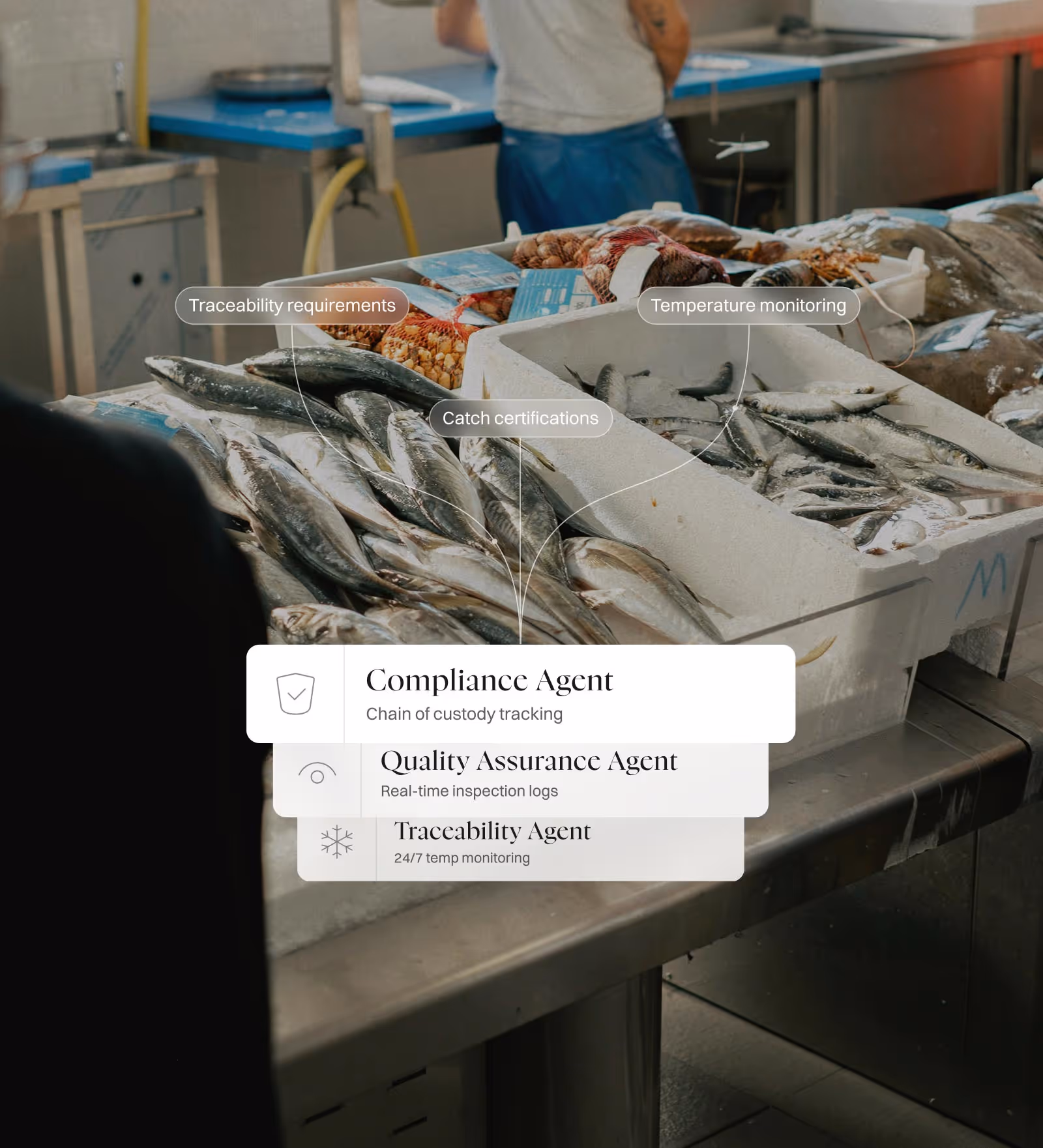 Fresh fish displayed on ice in a market with labels highlighting compliance agent for chain of custody tracking, quality assurance agent for real-time inspection logs, and traceability agent for 24/7 temperature monitoring.