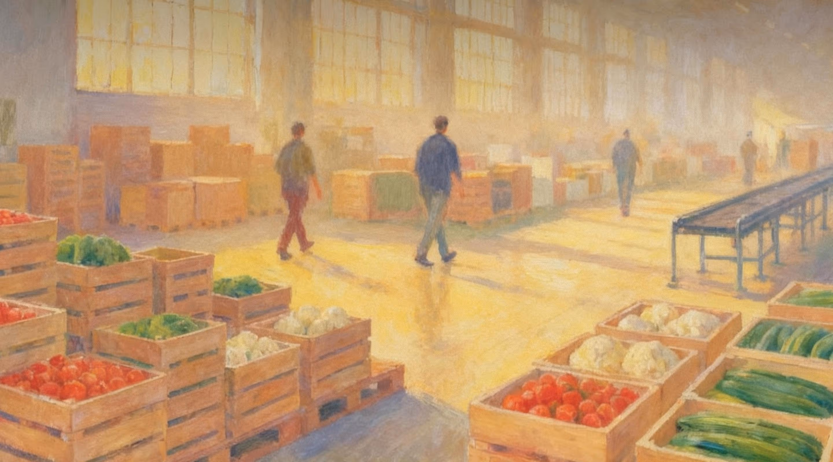 Painting of a sunlit warehouse market with wooden crates of vegetables and people walking inside.