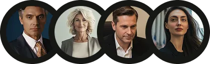 Headshots of four diverse business professionals in formal attire against dark circular backgrounds.