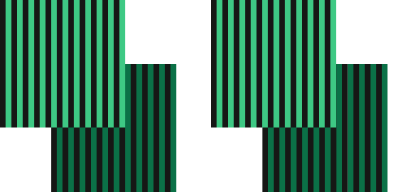 Two overlapping vertical rectangular blocks with alternating green and black vertical stripes on a black background.