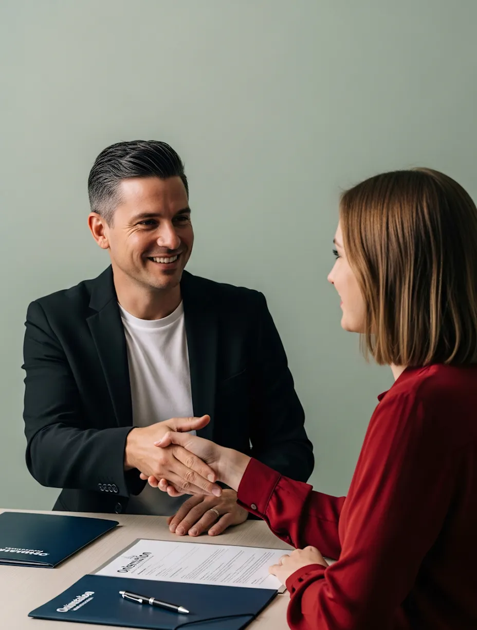 Man and woman shaking hands over a desk with documents and folders.