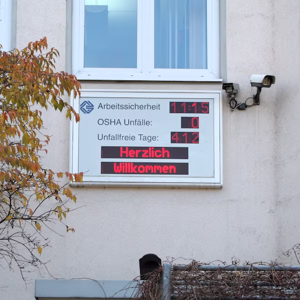 Anzeigetafel an einer Hausfassade mit Uhrzeit, Zähler Unfallfreie Tage: 412 und Begrüßungstext