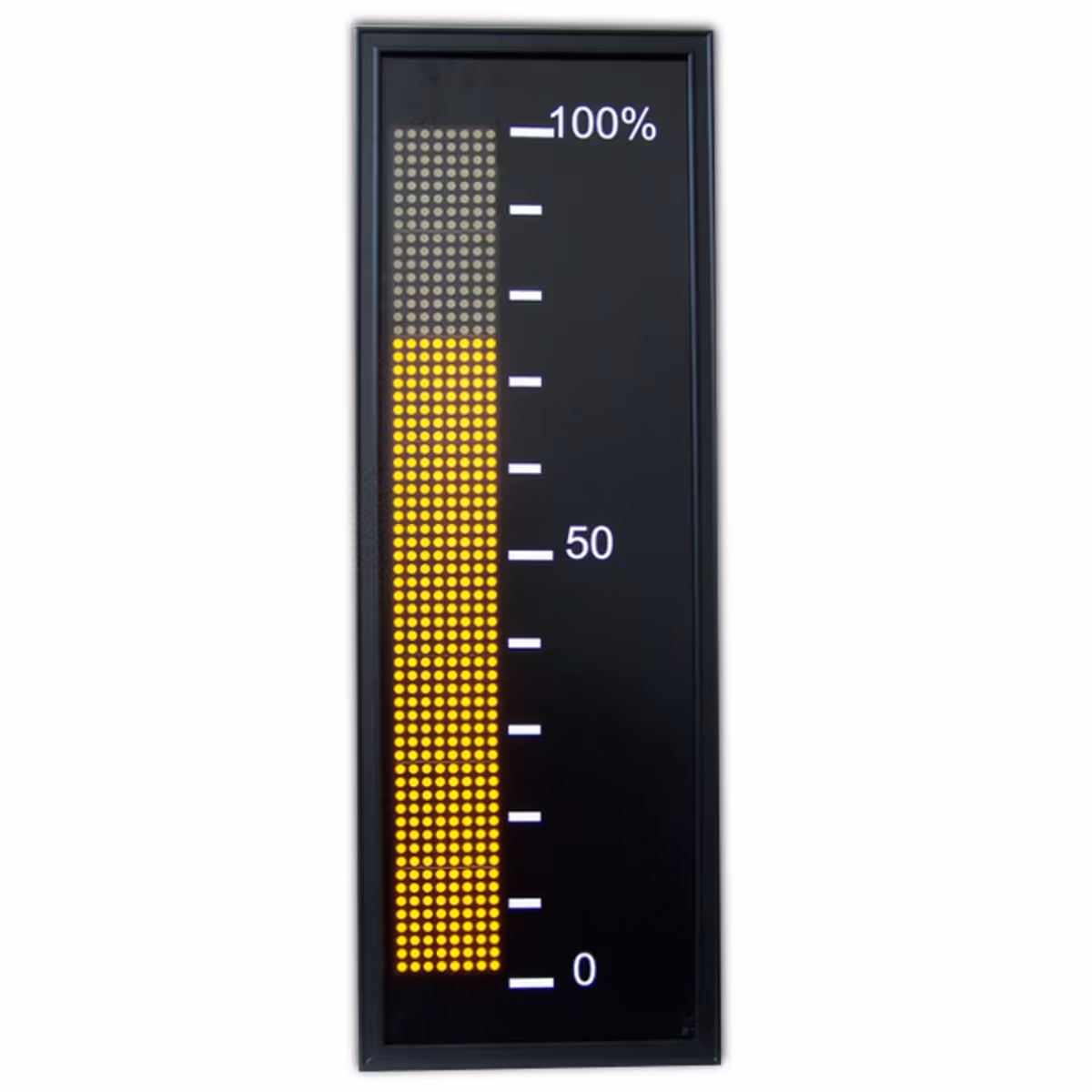Black bar graph display with yellow glowing LED dots and a scale from 0 to 100 percent