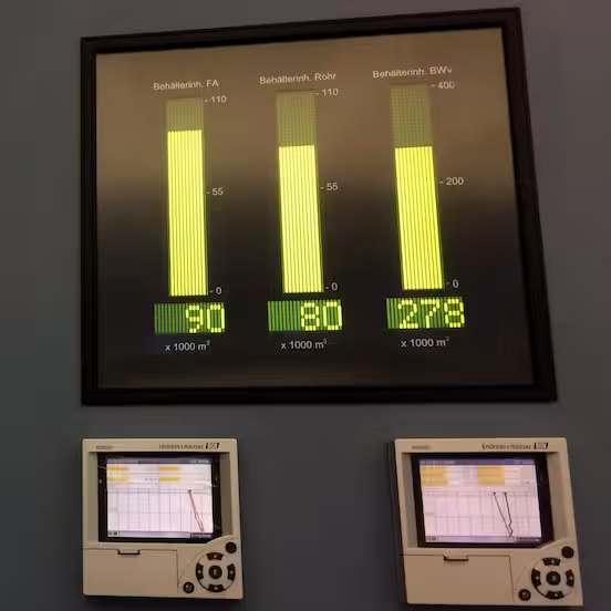 Anzeigetafel mit drei gelben Balken für Behälterinhalte und grünen Ziffern, darunter zwei Messschreiber
