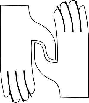 Black and white graphic of two hands with fingers interlocked.