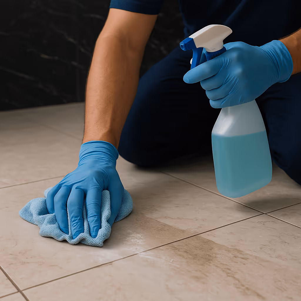 Person mit blauen Handschuhen reinigt Fliesenboden mit einer Sprühflasche und einem Tuch.