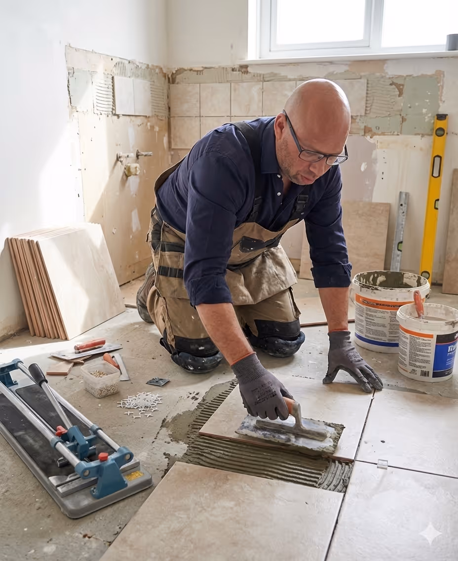 Sergio Melzi mit Handschuhen und Knieschonern, der in einem teilweise renovierten Raum mit einer Kelle Bodenfliesen verlegt.