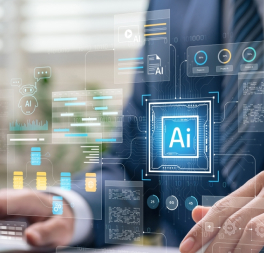 Person using laptop with AI technology overlay displaying artificial intelligence icon and digital interface elements