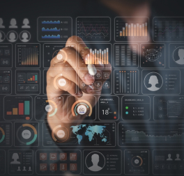 Hands interacting with holographic business analytics dashboard showing charts, graphs, and data visualization
