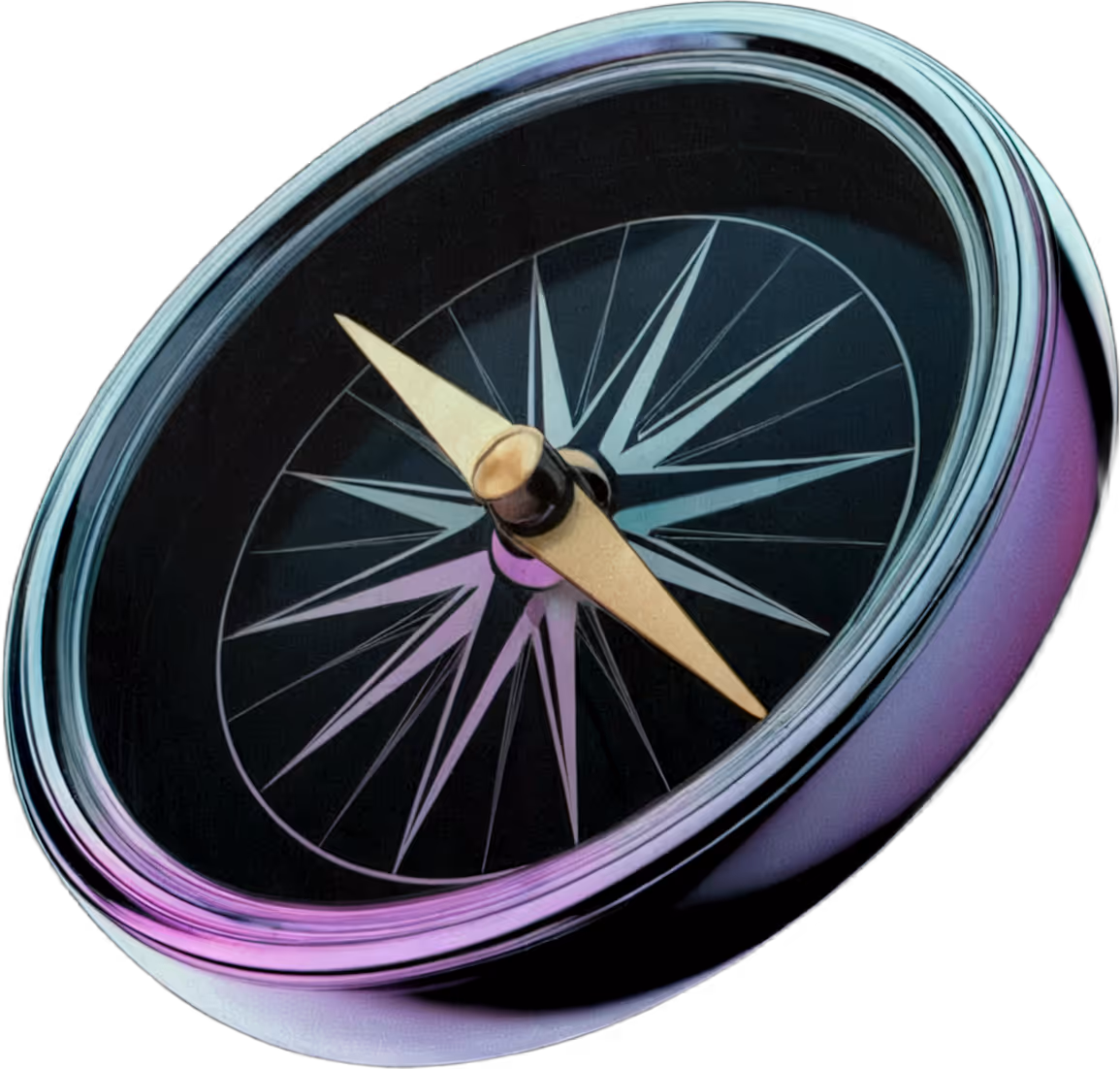 A compass with iridescent Outfly branding