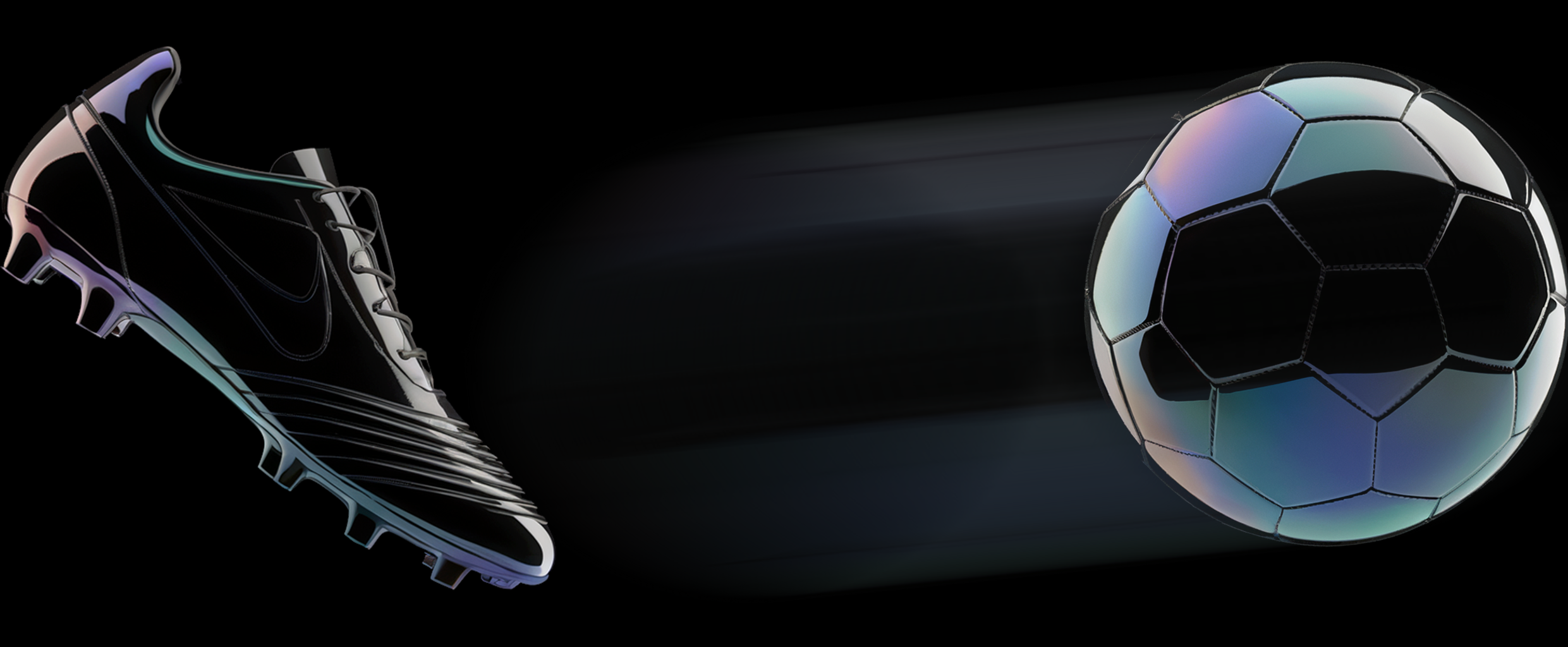 Black soccer cleat kicking a black and iridescent soccer ball against a black background.