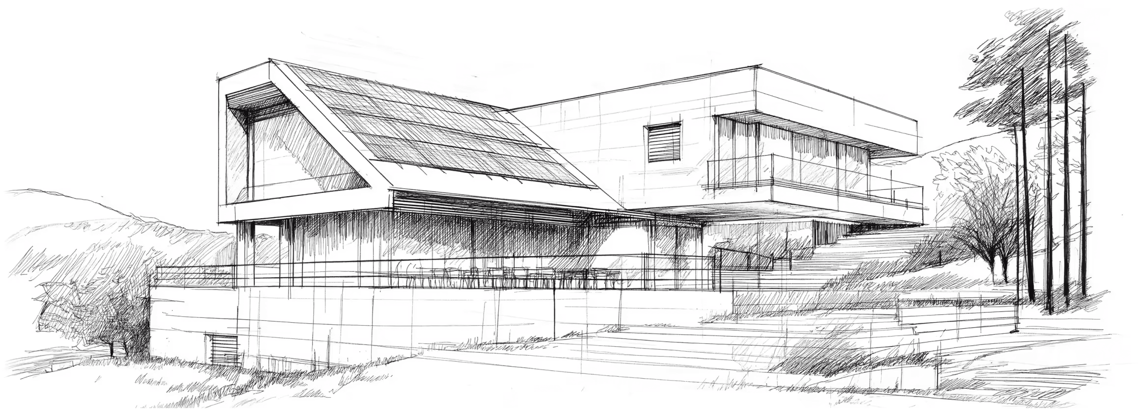 Рисунок современного дома с плоской крышей и большими окнами, окружённого деревьями и кустарниками.