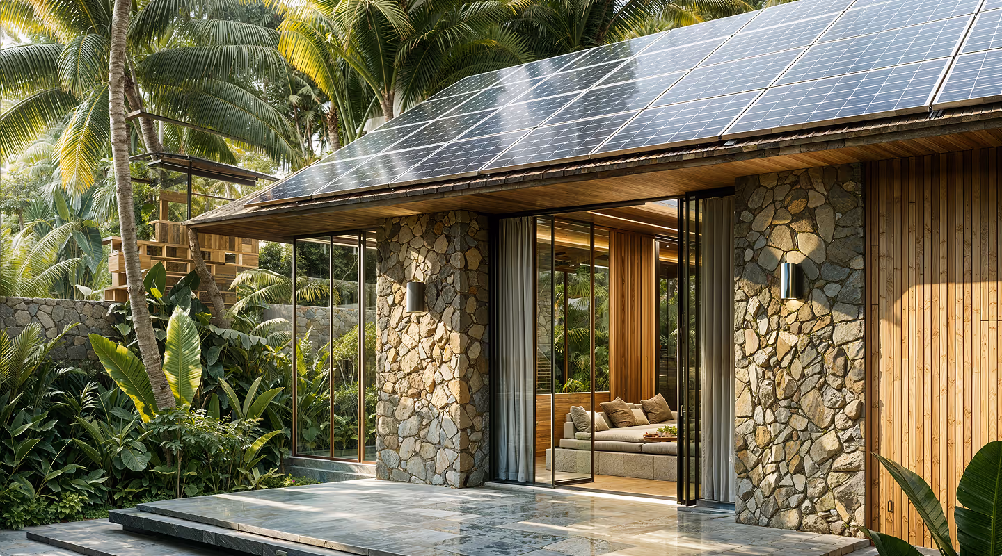 Современный дом с каменными стенами и солнечными панелями на крыше, окружённый тропическими пальмами и зеленью.