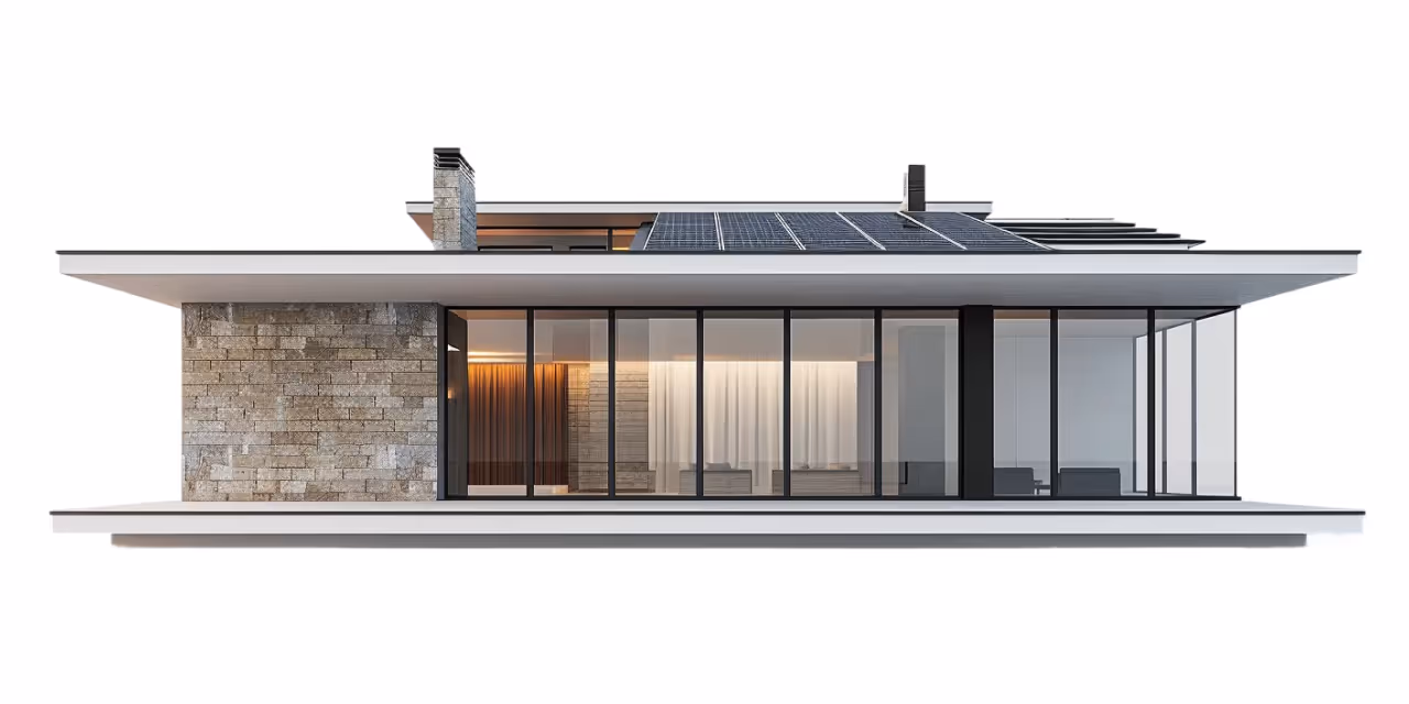Современный одноэтажный дом с большими стеклянными окнами, каменной стеной и солнечными панелями на крыше.