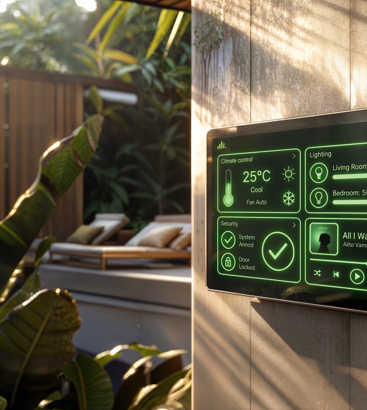 Цифровой панель управления умным домом с контролем климата, системой безопасности и освещением на фоне террасы с диваном и зеленью.