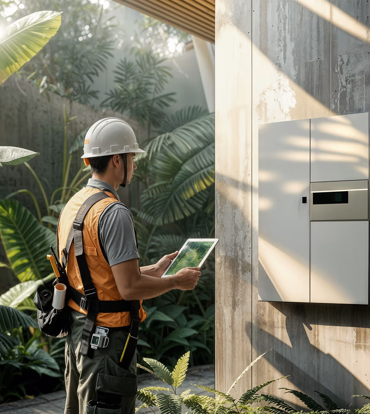 Рабочий в защитном шлеме и жилете использует электронный планшет с техническими чертежами перед электрическим щитом на стене.