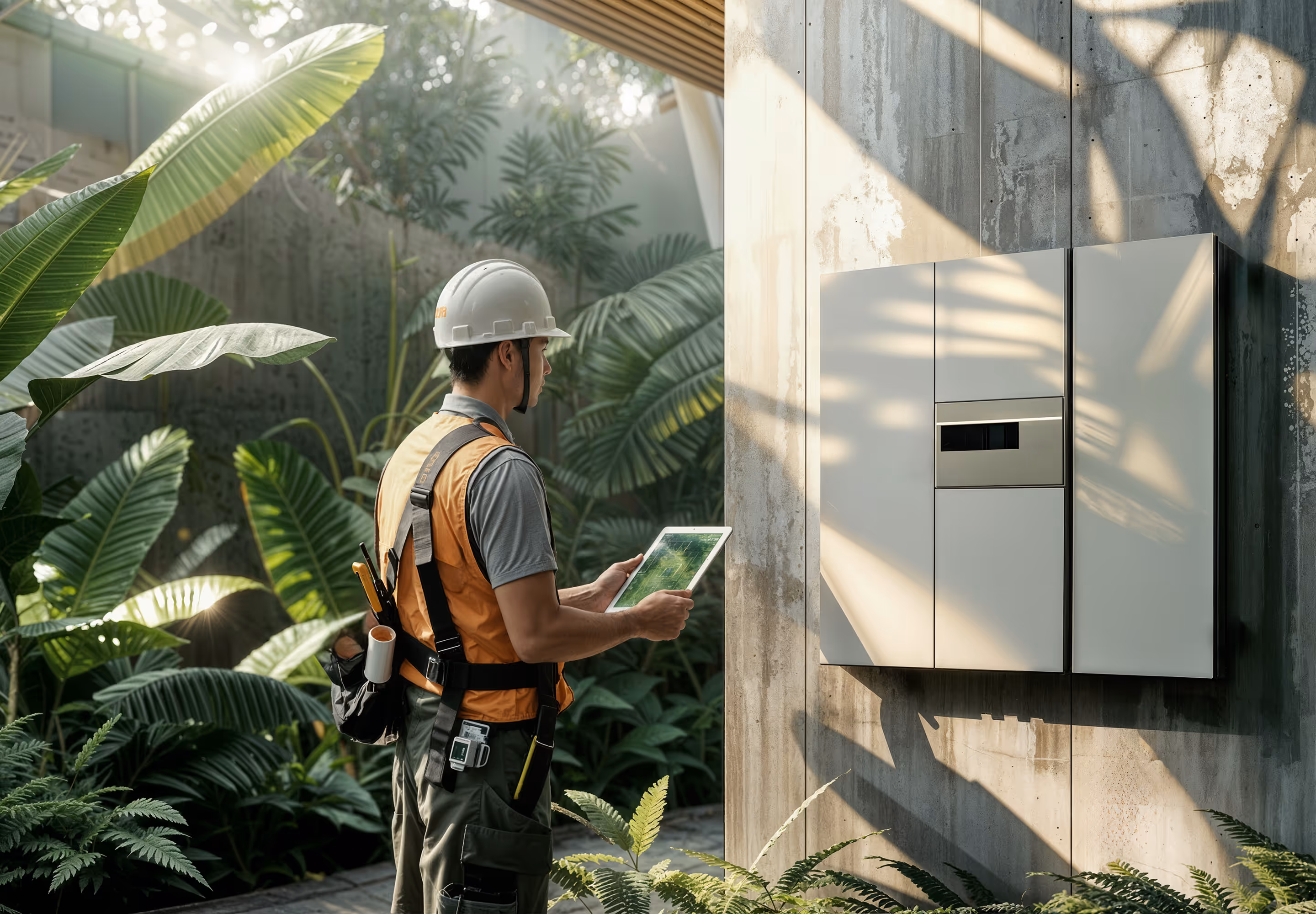 Рабочий в каске и жилете с планшетом проверяет электрический щит на фоне зелёных растений.