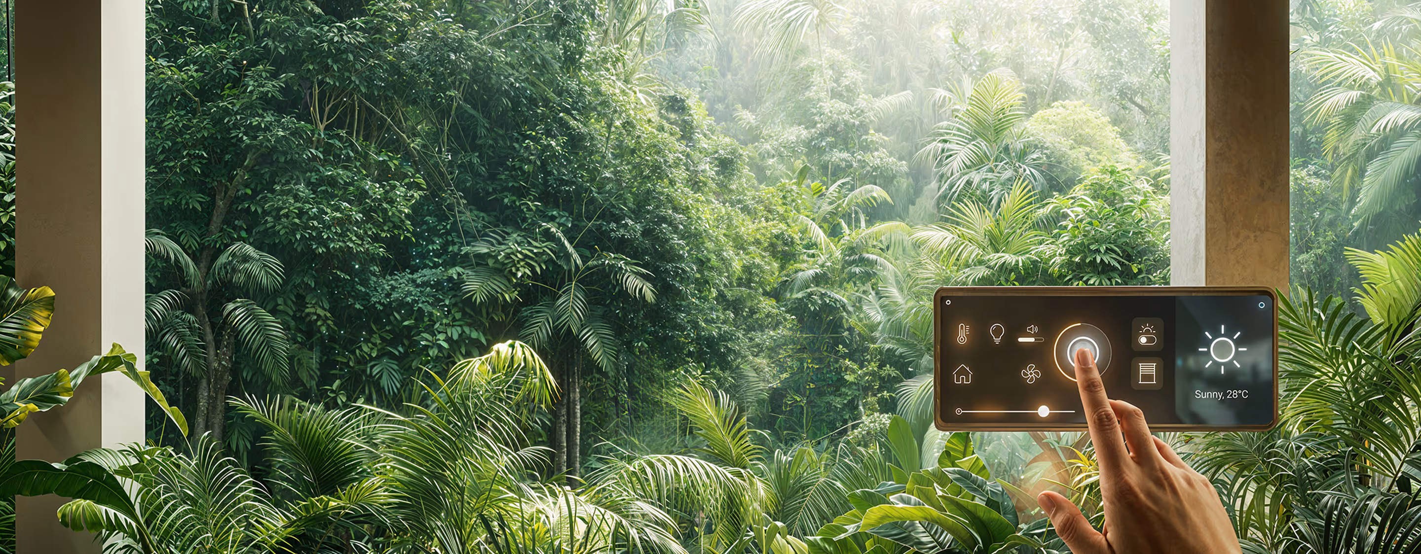 Рука регулирует умный домашний контроллер на фоне дождливого тропического леса.