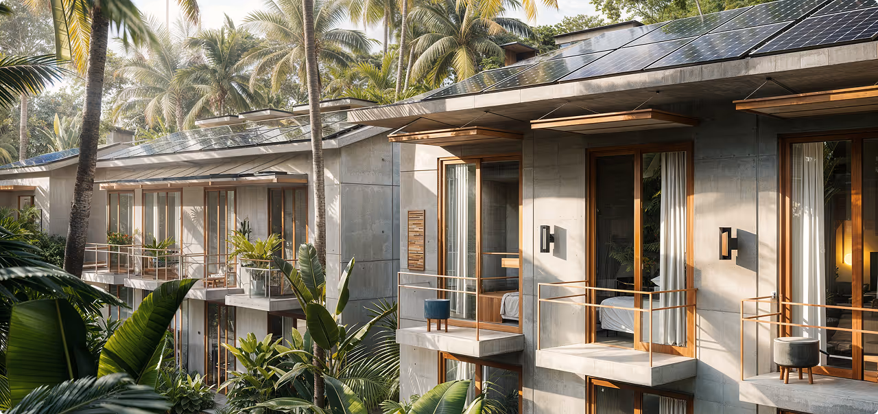 Современные гостиничные номера с балконами, солнечными панелями на крыше и тропическими растениями вокруг.