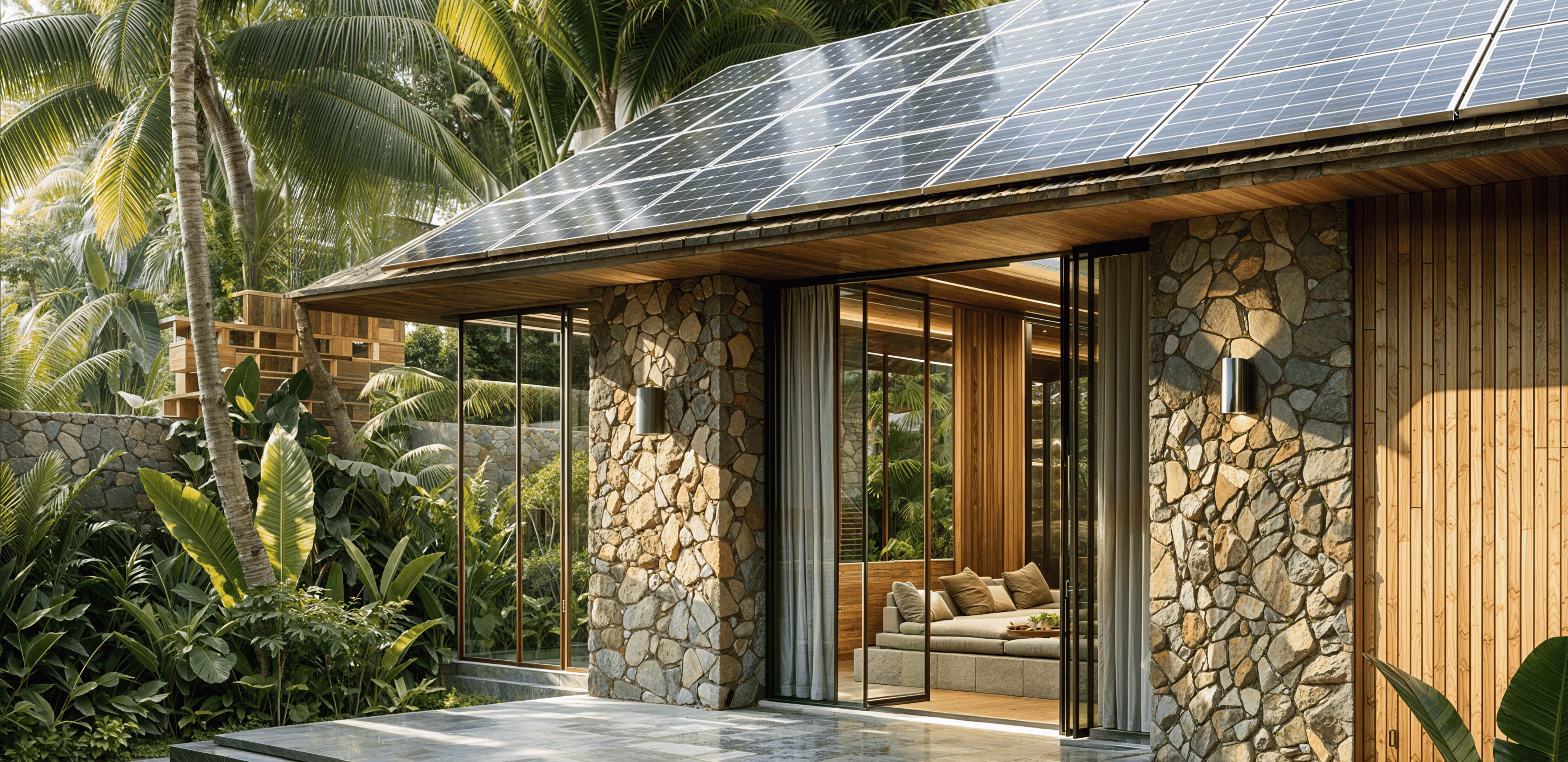 Современный дом с каменной облицовкой и солнечными панелями на крыше, окруженный тропическими растениями.