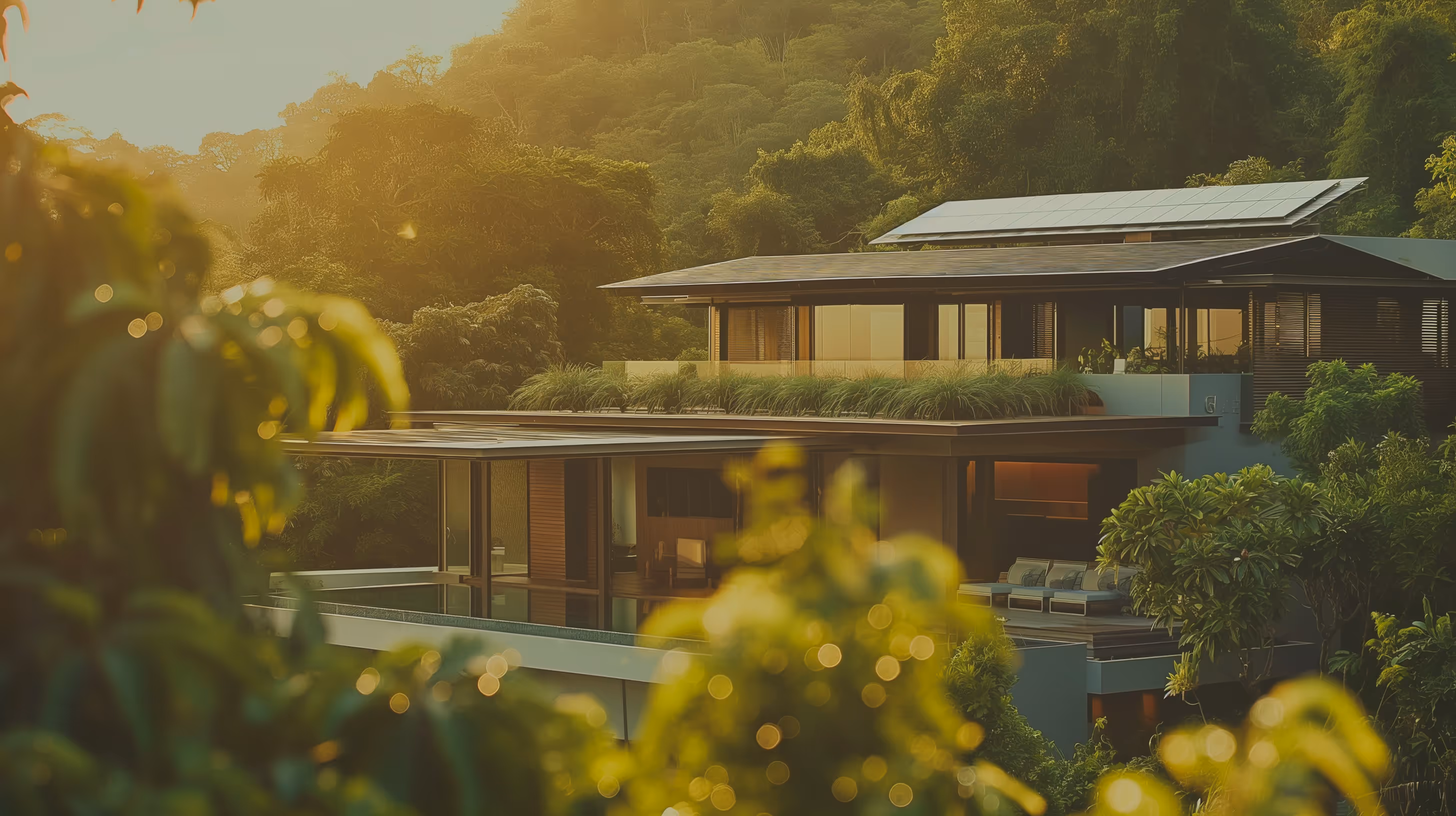 Современный дом с солнечными панелями на крыше, окружённый зелёными деревьями на закате.