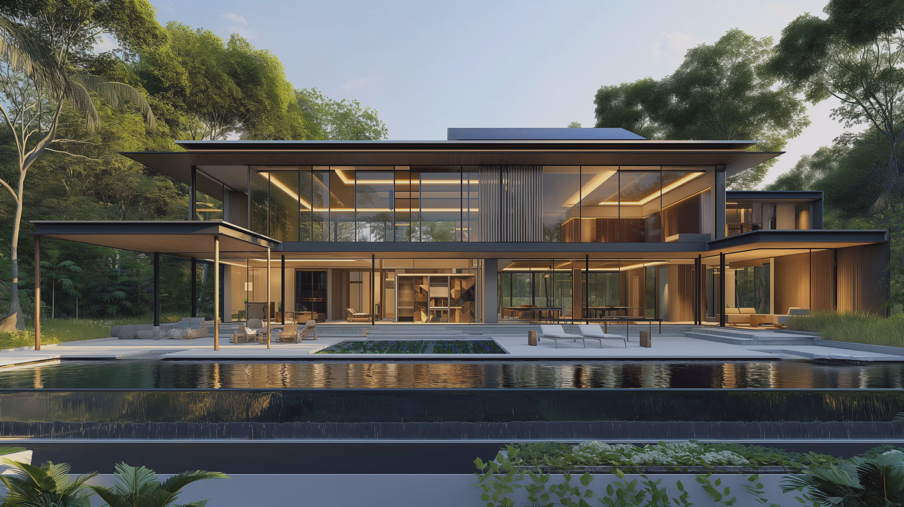 Современный двухэтажный дом с большими стеклянными окнами, террасой и бассейном на фоне зелёных деревьев.