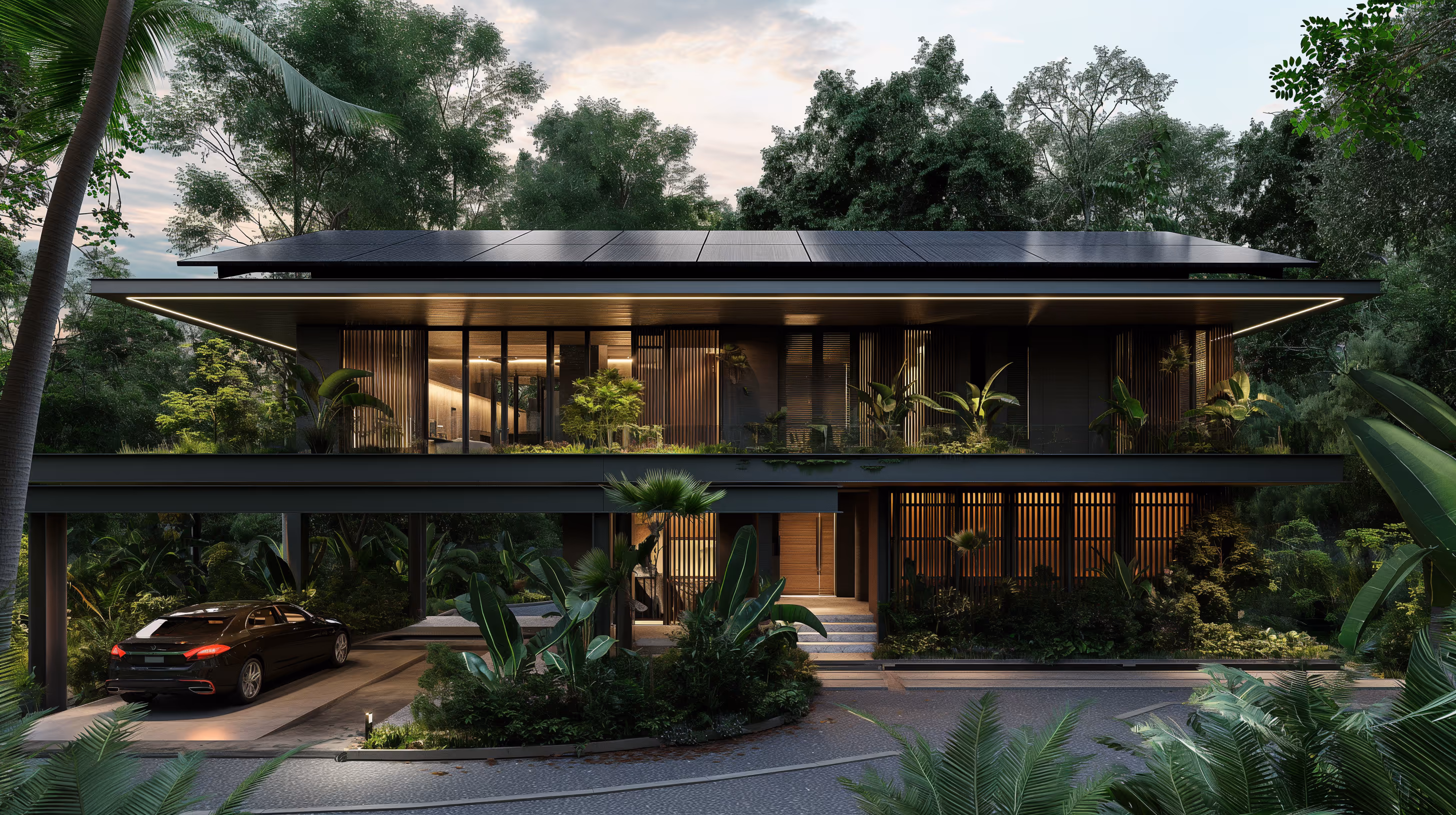Современный двухэтажный дом с большими окнами и солнечными панелями на крыше, окруженный тропической растительностью.