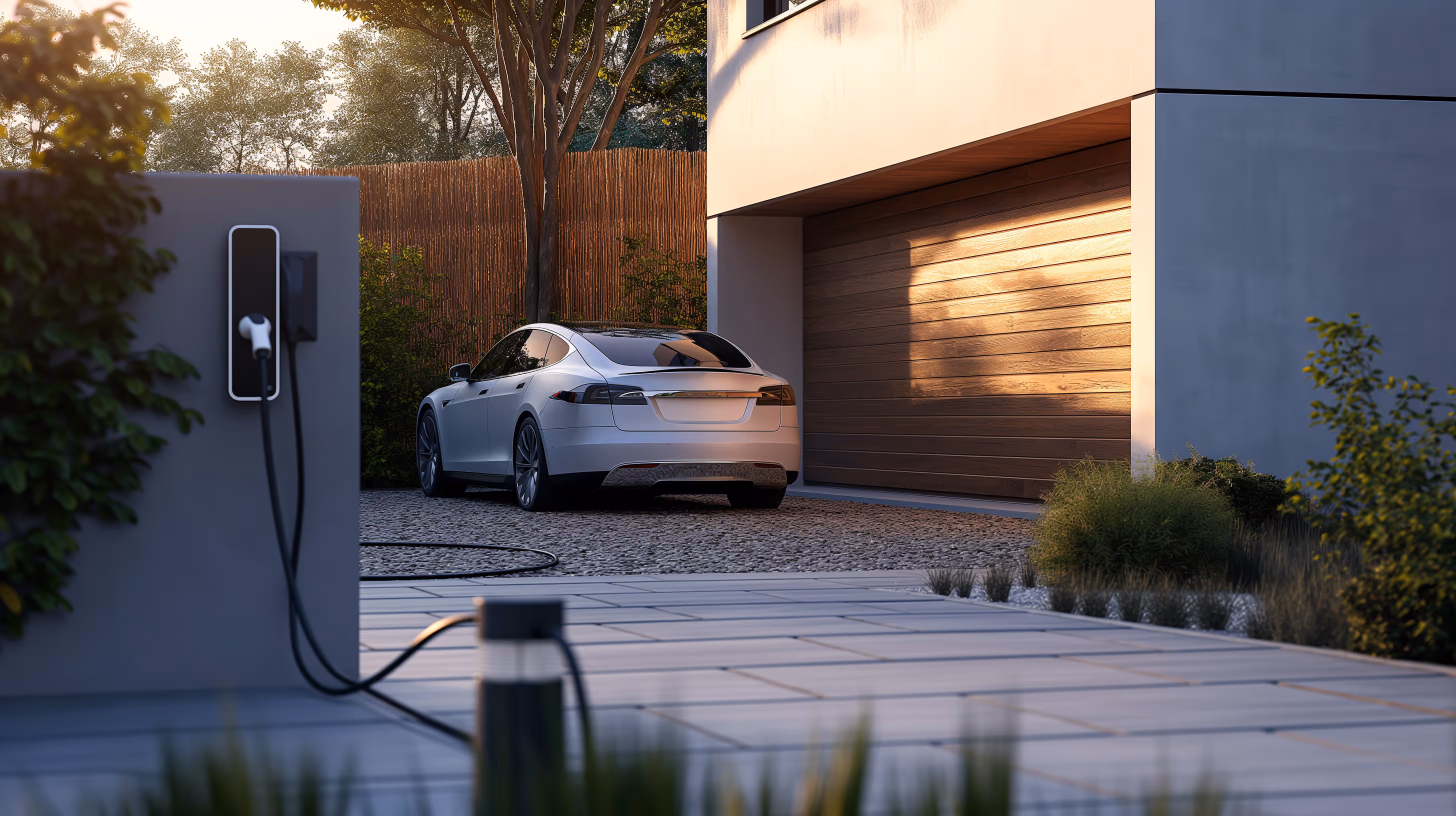 Современный электромобиль, подключенный к зарядной станции на подъездной дорожке современного дома с деревянными воротами и зеленью вокруг.