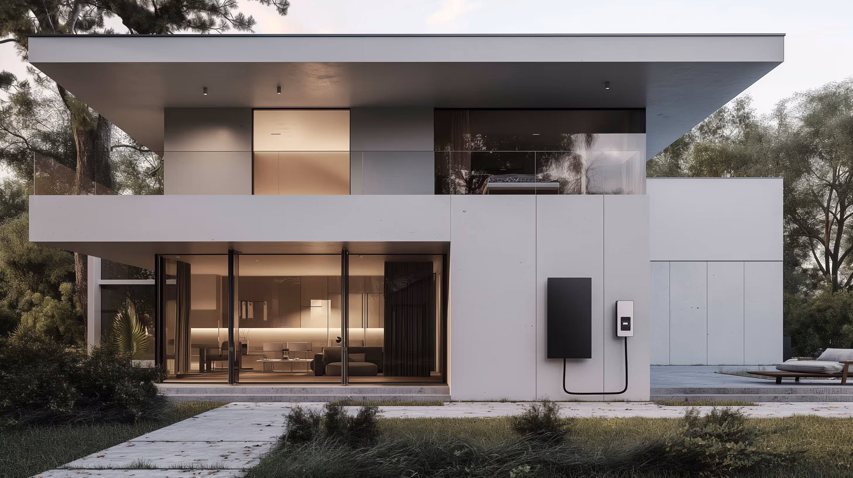 Современный двухэтажный дом с большими окнами и электрической зарядной станцией на фасаде.