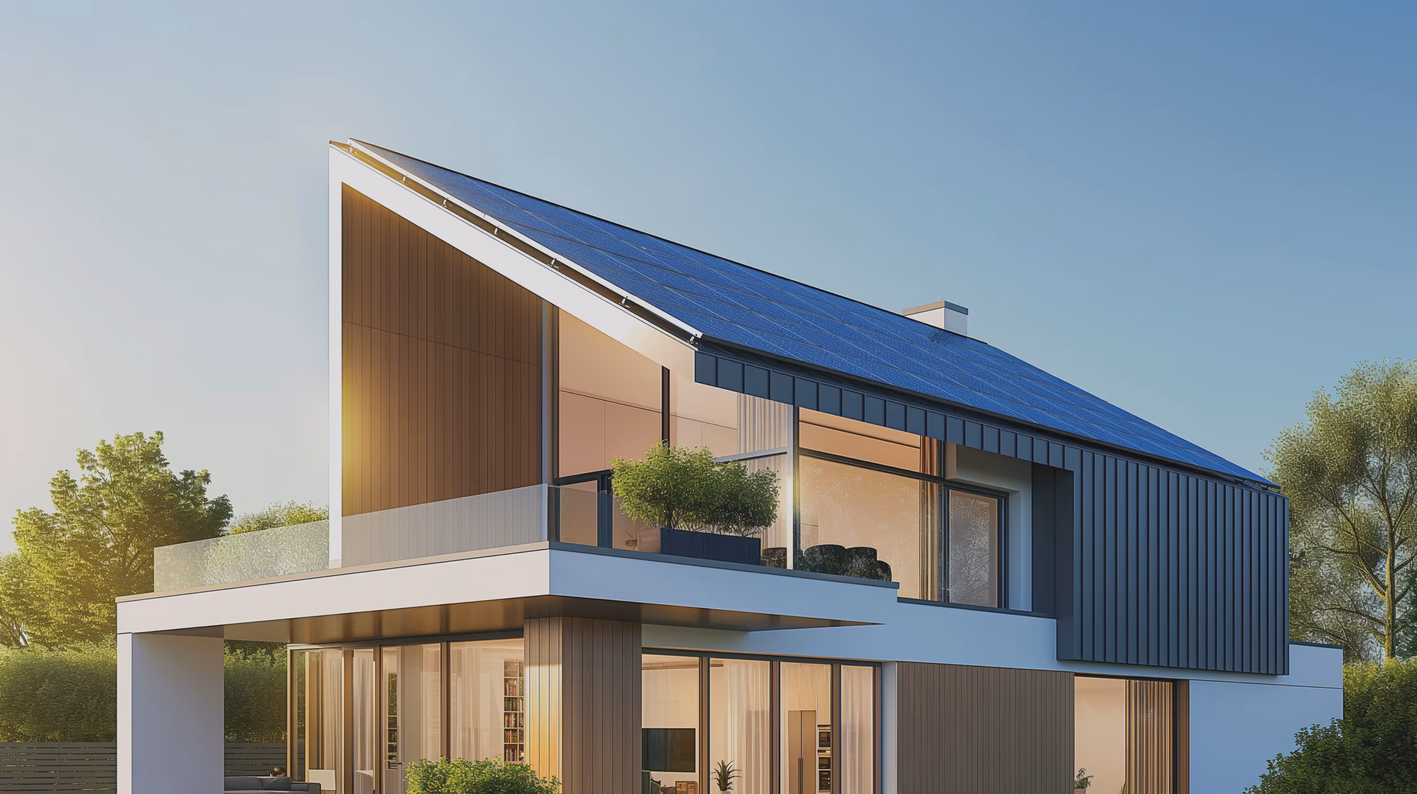 Современный двухэтажный дом с большими окнами и солнечными панелями на крыше на фоне голубого неба.