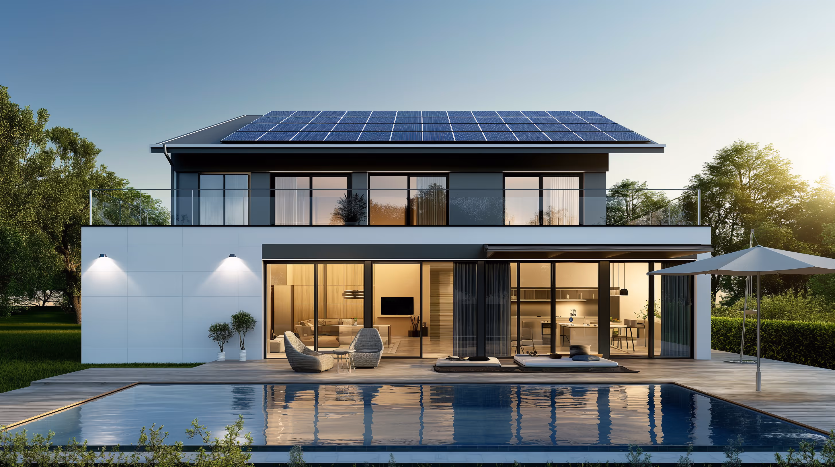 Современный двухэтажный дом с солнечными панелями на крыше, верандой с мебелью и бассейном на переднем плане.