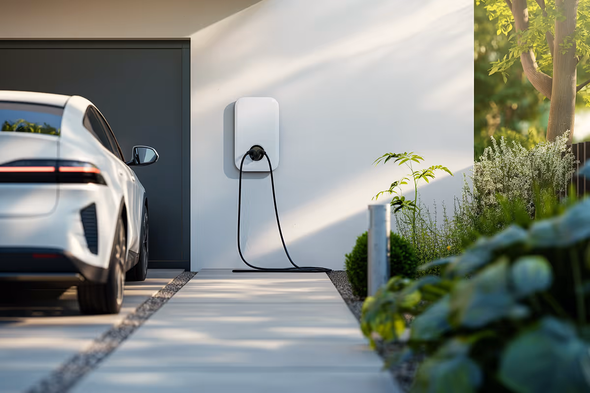 Белый электромобиль на зарядке у современного дома с зеленым садом.